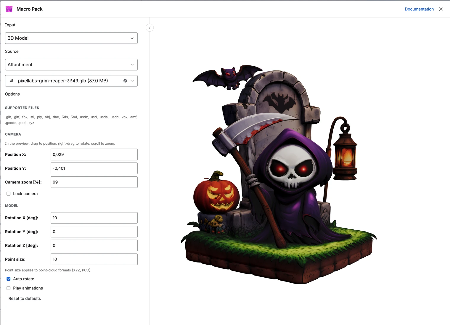 The Macro Pack editor with Input set to 3D Model: a .glb attachment as the source, the supported file list, camera position and zoom fields, rotation on three axes, point size, auto-rotate and animation checkboxes, and the rendered model of a cartoon grim reaper in the preview.