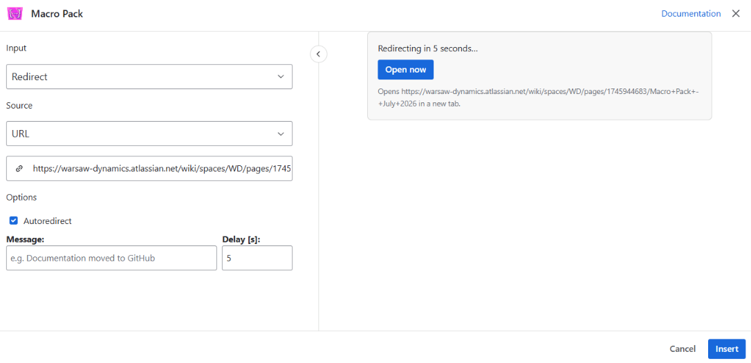 The Redirect macro in the Confluence editor: destination URL, autoredirect, message and delay on the left, and the reader-facing countdown on the right.