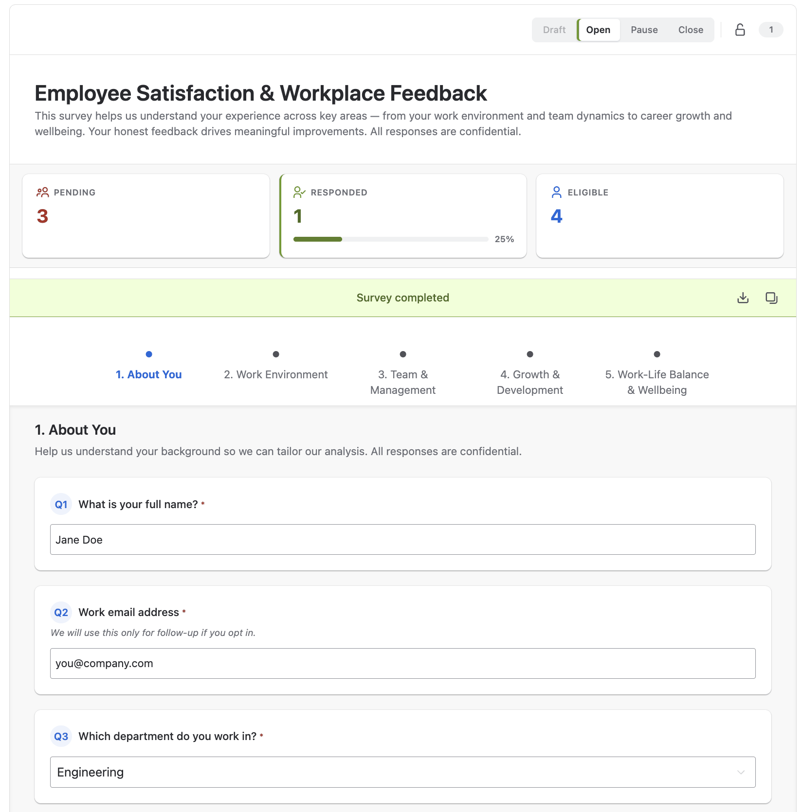 A five-page survey on a Confluence page as its moderator sees it: the Draft, Open, Pause and Close status toolbar, counters for pending, responded and eligible participants, a Survey completed banner with download buttons, the page tracker and the first questions.